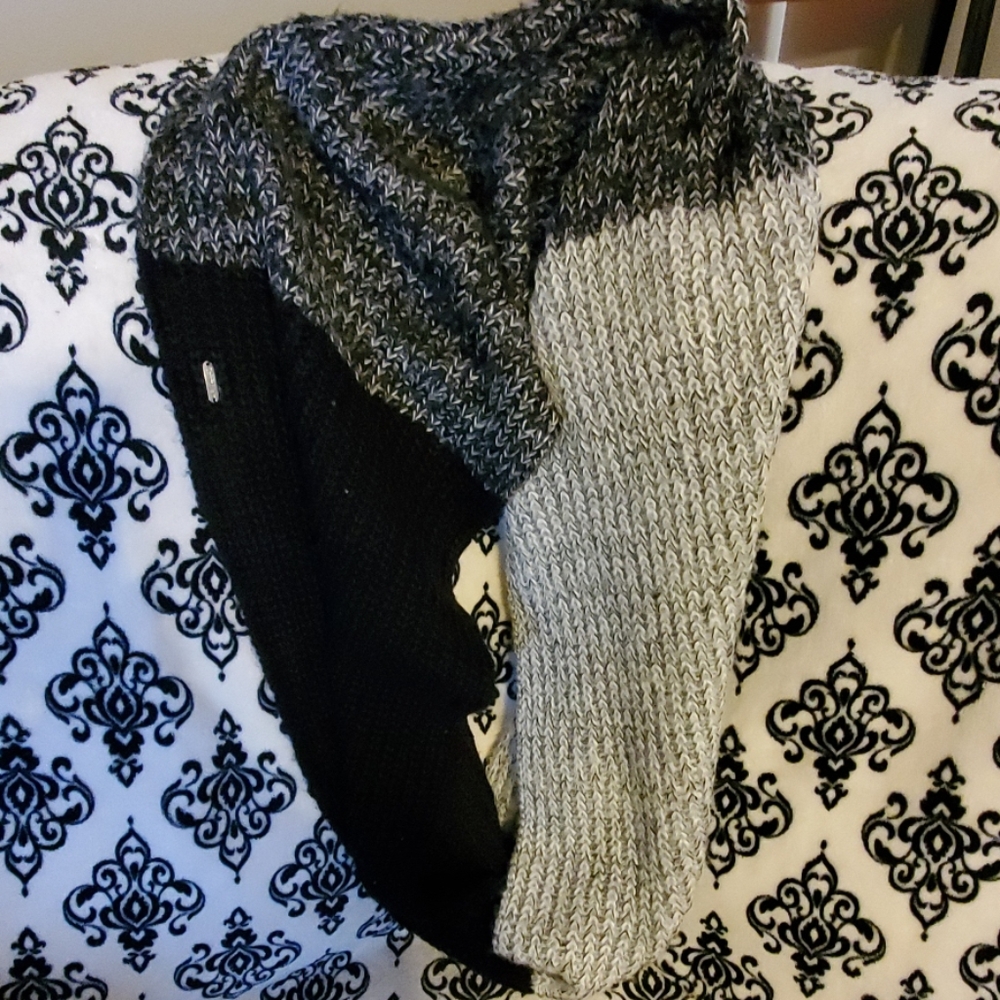 Calvin Klein infinity scarf: black, gray, & white